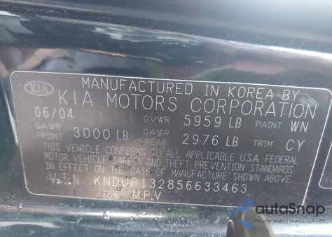 2005 Kia Sedona Ex/Lx z USA, uszkodzony, nr VIN KNDUP132856633463